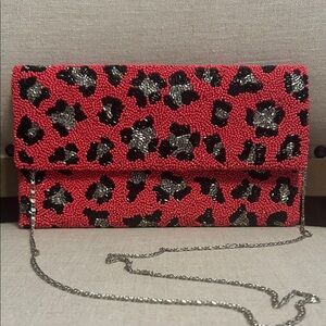 Moyna Pink and Black Leopard Patterned Beaded Clutch